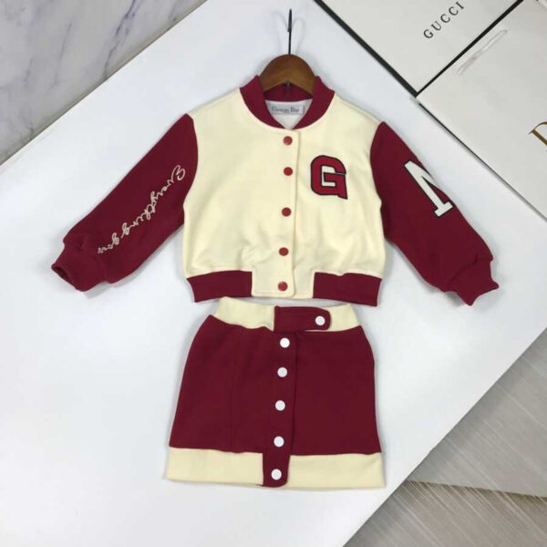 Dior Kids Embroidery Letter Jacket Single Breasted Short Skirt Two Piece Matching Set Red