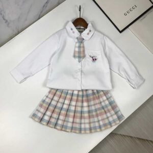 Gucci Kids Plaid Outfits Long Sleeve Button Down Blouse Shirt+Pleated Mini Skirt Set