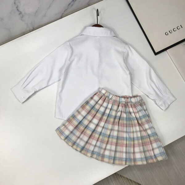 Gucci Kids Plaid Outfits Long Sleeve Button Down Blouse Shirt+Pleated Mini Skirt Set