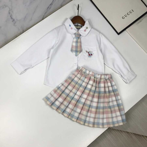 Gucci Kids Plaid Outfits Long Sleeve Button Down Blouse Shirt+Pleated Mini Skirt Set