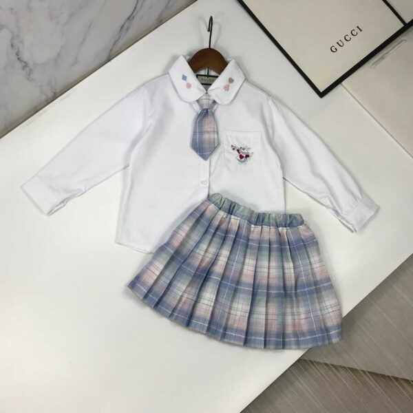 Gucci Kids Plaid Outfits Long Sleeve Button Down Blouse Shirt+Pleated Mini Blue Skirt Set